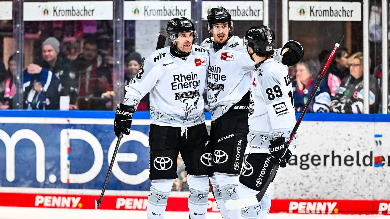 Die Spieler der Kölner Haie jubeln gemeinsam.