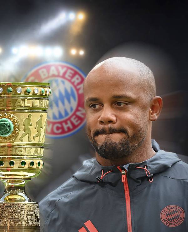 Fotomontage: Lukas Kwasniok und Vincent Kompany neben dem DFB-Pokal. Im Hintergrund die Logos ihrer Vereine.