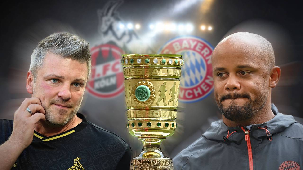 Fotomontage: Lukas Kwasniok und Vincent Kompany neben dem DFB-Pokal. Im Hintergrund die Logos ihrer Vereine.