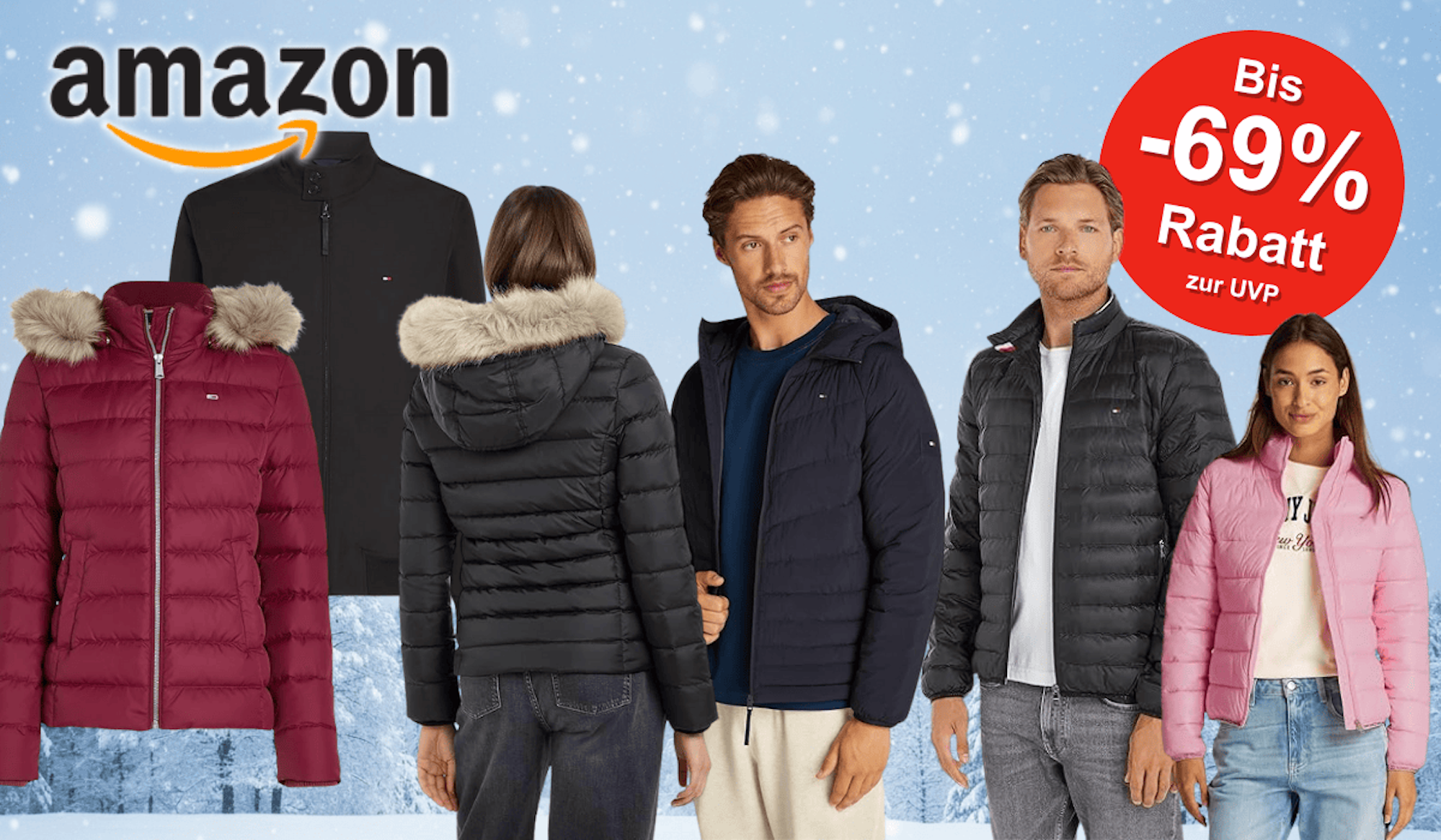 Verschieden Tommy Hilfiger Winterjacken vor einem winterlichen HIntergrund.