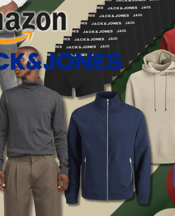 Eine Auswahl an JACK & JONES Kleidung wie Jeans, Pullover, T-Shirts, Jacken, Boxershorts, Socken und eine Mütze, die prominent vor einem stilisierten Hintergrund platziert sind.