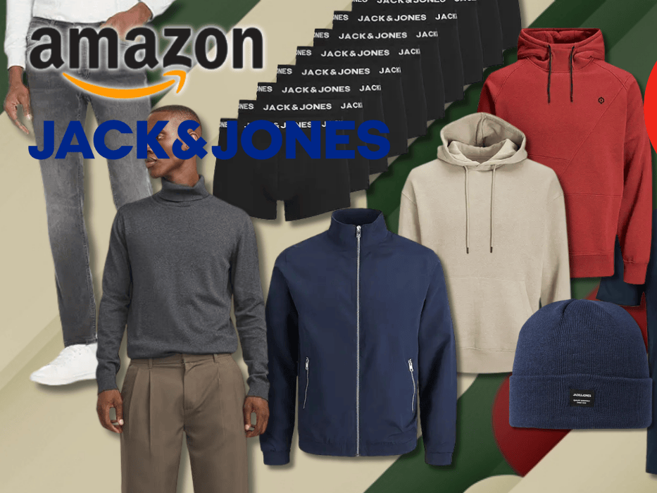 Eine Auswahl an JACK & JONES Kleidung wie Jeans, Pullover, T-Shirts, Jacken, Boxershorts, Socken und eine Mütze, die prominent vor einem stilisierten Hintergrund platziert sind.