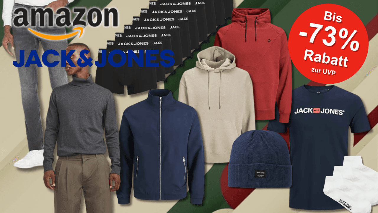 Eine Auswahl an JACK & JONES Kleidung wie Jeans, Pullover, T-Shirts, Jacken, Boxershorts, Socken und eine Mütze, die prominent vor einem stilisierten Hintergrund platziert sind.