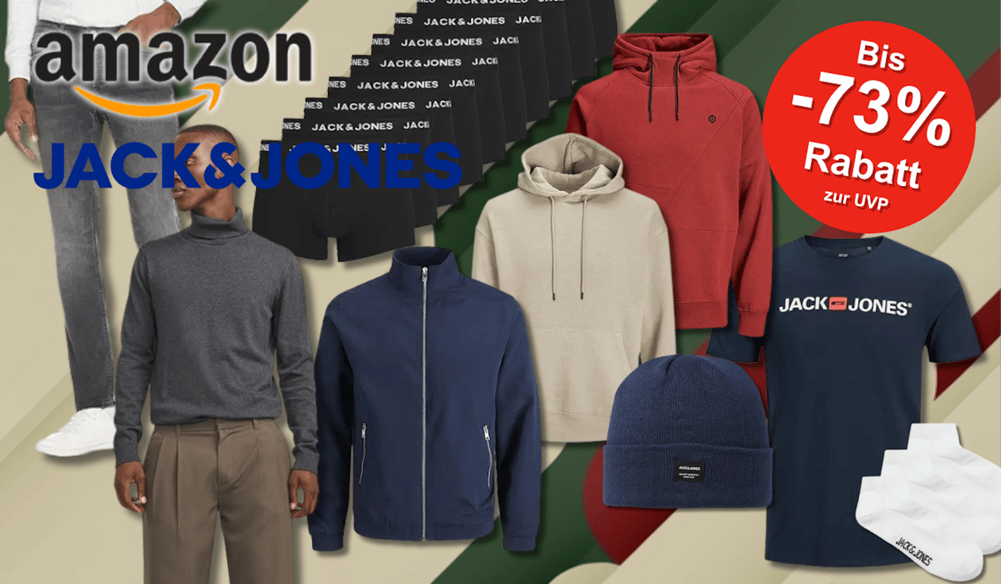 Eine Auswahl an JACK & JONES Kleidung wie Jeans, Pullover, T-Shirts, Jacken, Boxershorts, Socken und eine Mütze, die prominent vor einem stilisierten Hintergrund platziert sind.