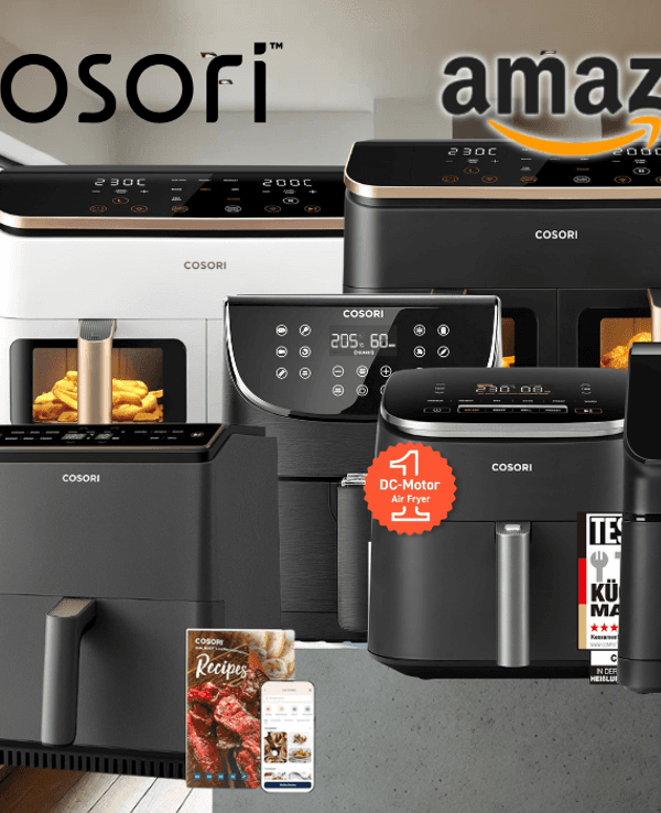 Darstellung verschiedener Cosori Airfryer. Im Hintergrund ist eine Küche abgebildet.