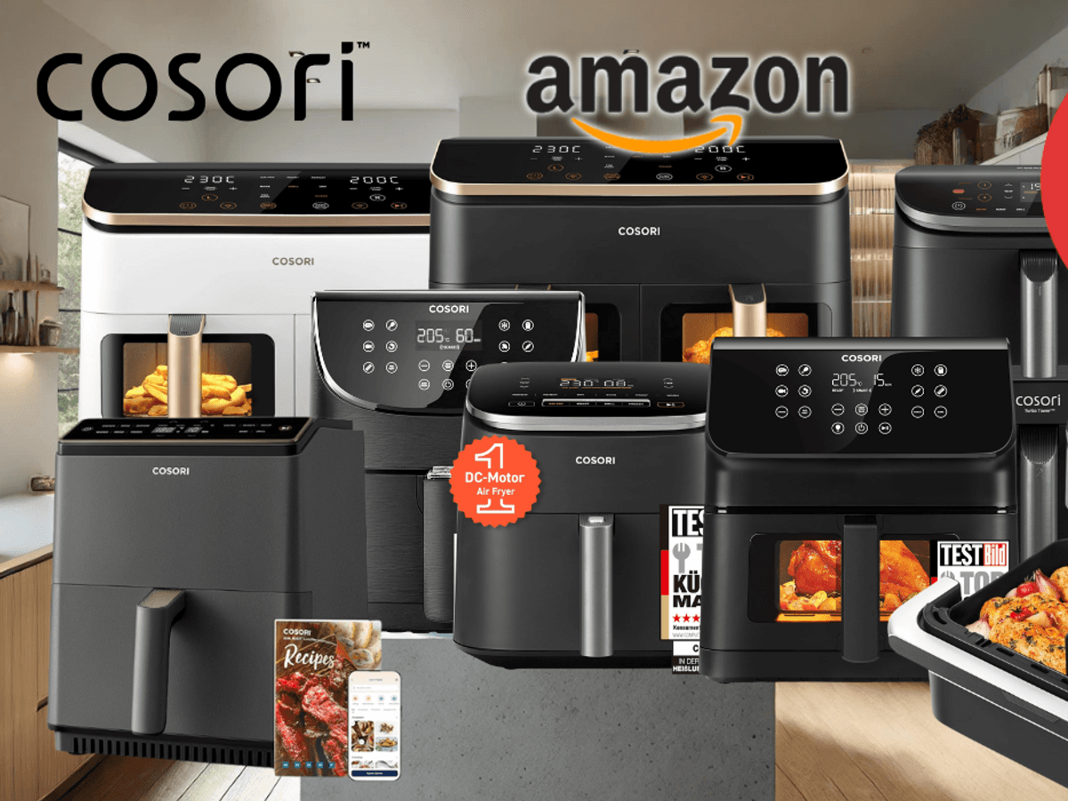 Darstellung verschiedener Cosori Airfryer. Im Hintergrund ist eine Küche abgebildet.