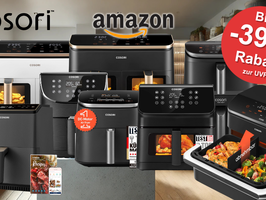 Darstellung verschiedener Cosori Airfryer. Im Hintergrund ist eine Küche abgebildet.