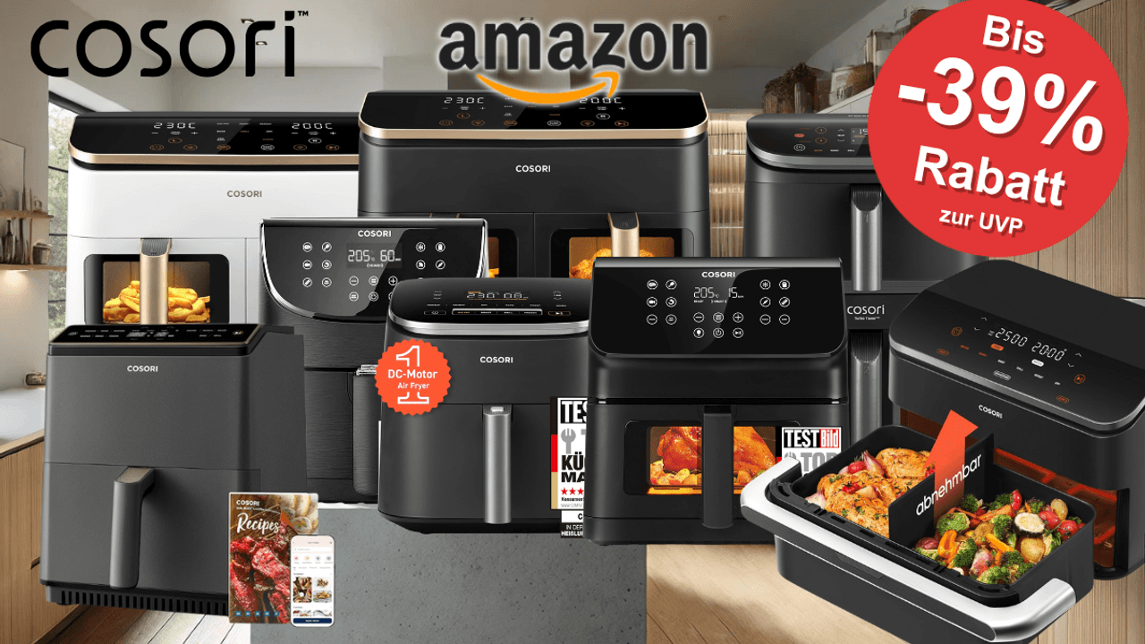 Darstellung verschiedener Cosori Airfryer. Im Hintergrund ist eine Küche abgebildet.