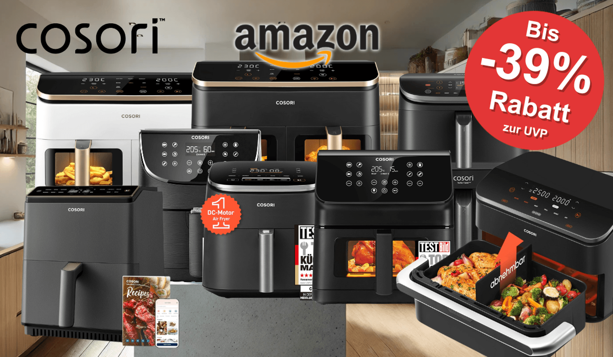 Darstellung verschiedener Cosori Airfryer. Im Hintergrund ist eine Küche abgebildet.