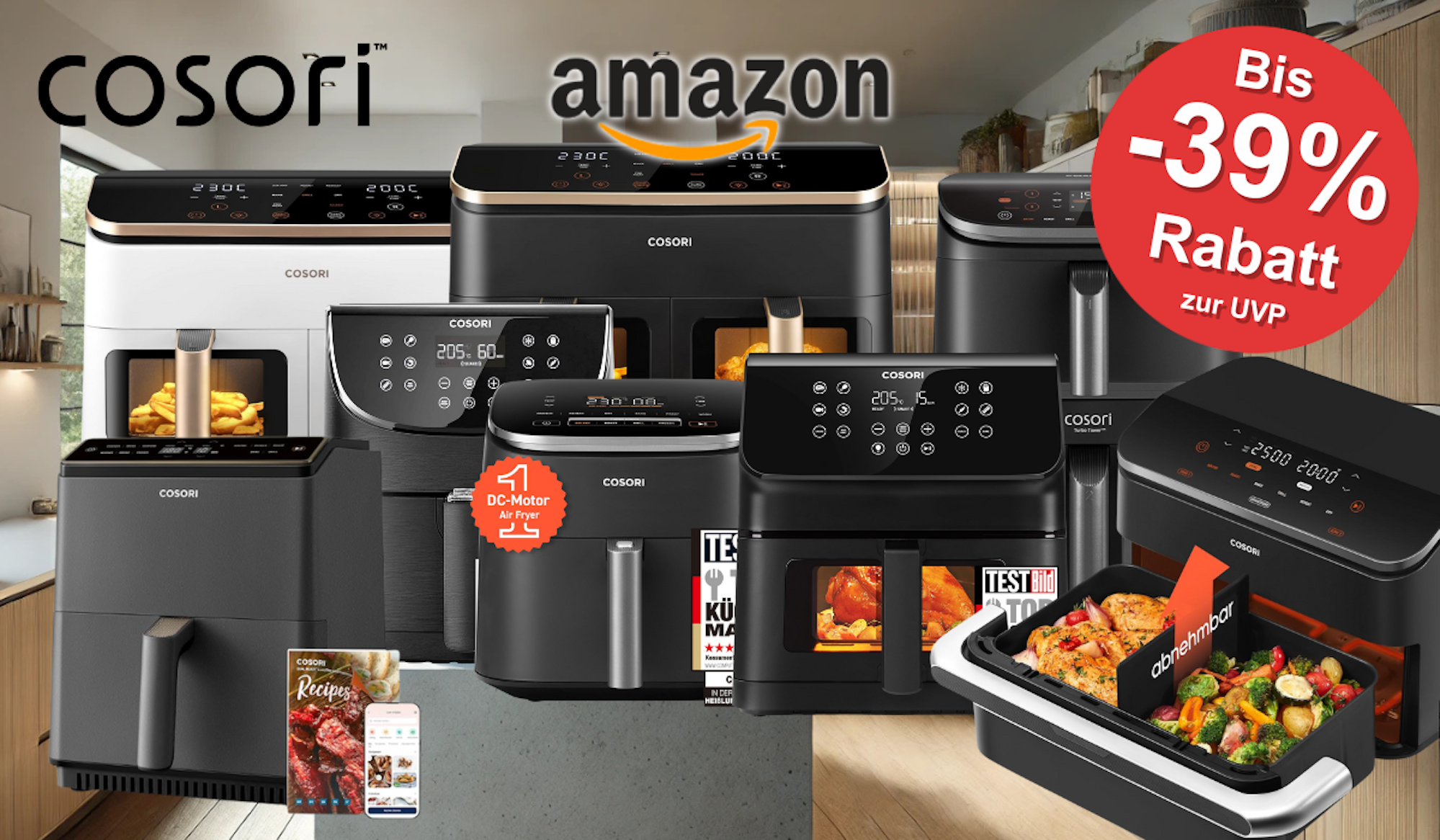 Darstellung verschiedener Cosori Airfryer. Im Hintergrund ist eine Küche abgebildet.