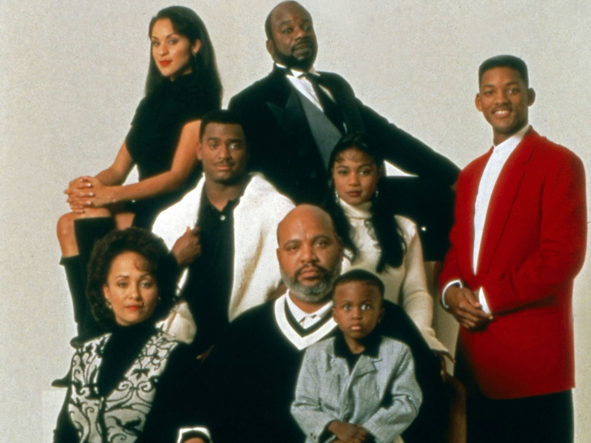 Die Hauptdarsteller der Serie „Der Prinz von Bel Air“: Will Smith, James Avery, Alfonso Ribeiro, Tatyana M. Ali, Daphne Maxwell Reid, Karyn Parsons, Joseph Marcell und Ross Bagley.