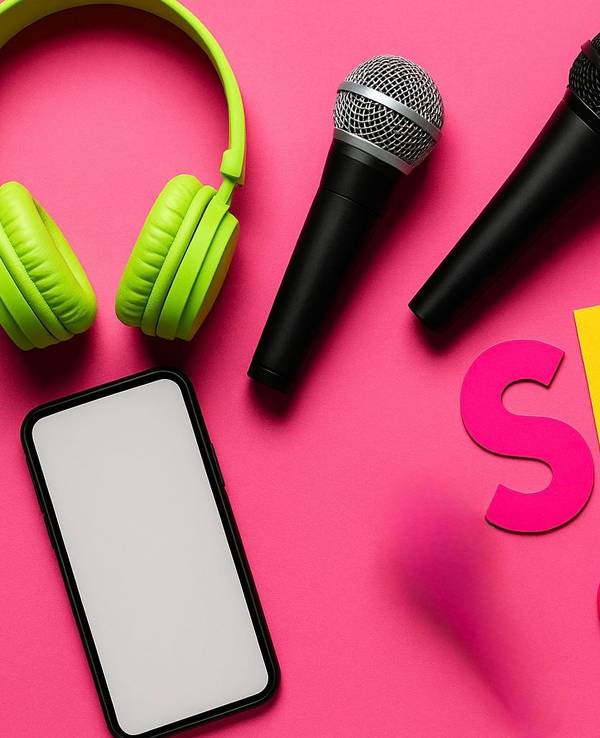 Verschiedene Objekte wie Kopfhörer, Mikrofone, Lippenstift, Kondom, Smartphone und die Buchstaben SEX auf einem rosa Untergrund.