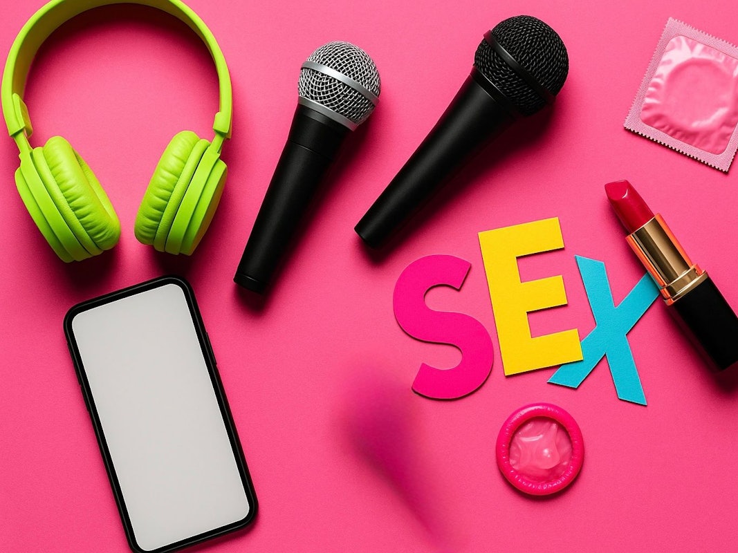 Verschiedene Objekte wie Kopfhörer, Mikrofone, Lippenstift, Kondom, Smartphone und die Buchstaben SEX auf einem rosa Untergrund.