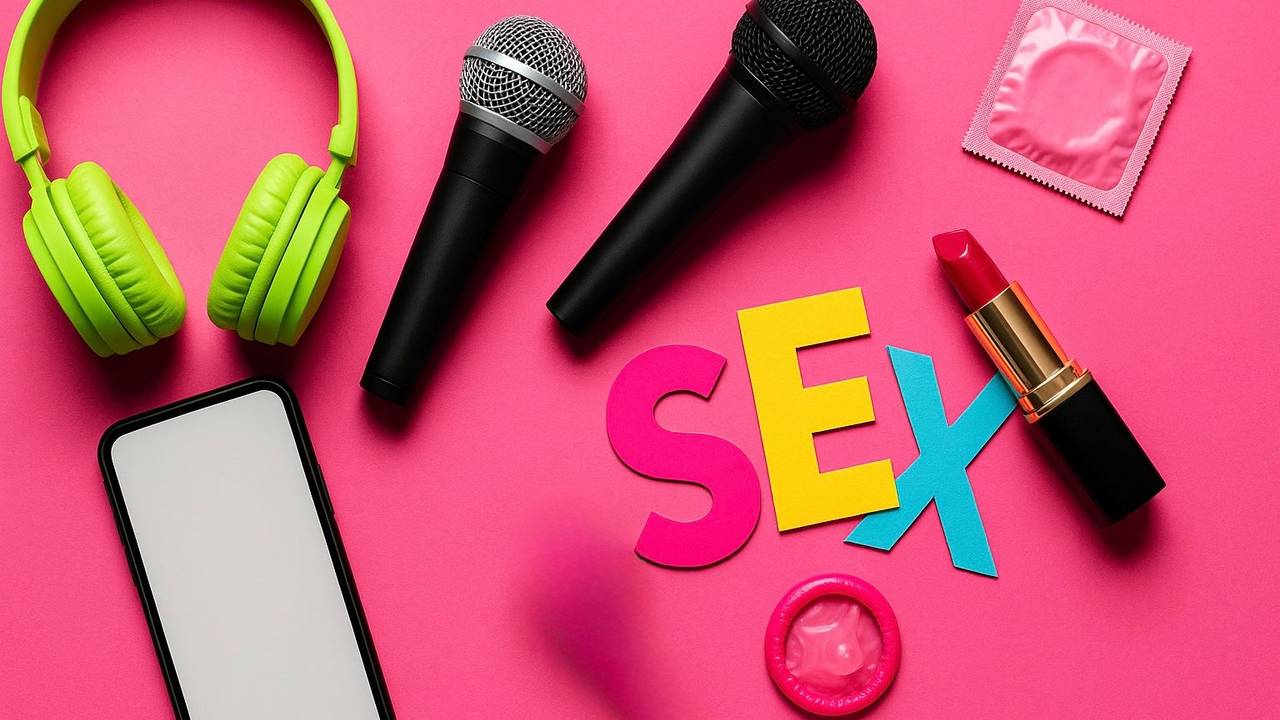 Verschiedene Objekte wie Kopfhörer, Mikrofone, Lippenstift, Kondom, Smartphone und die Buchstaben SEX auf einem rosa Untergrund.