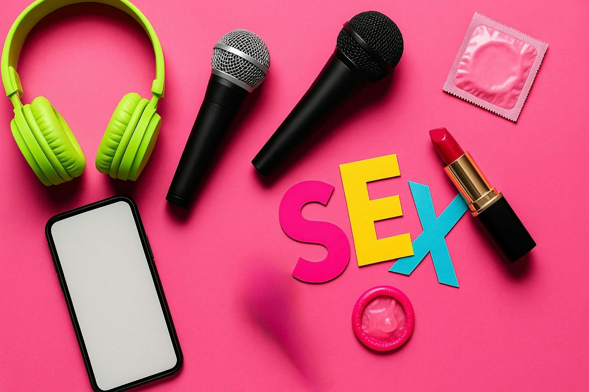 Verschiedene Objekte wie Kopfhörer, Mikrofone, Lippenstift, Kondom, Smartphone und die Buchstaben SEX auf einem rosa Untergrund.
