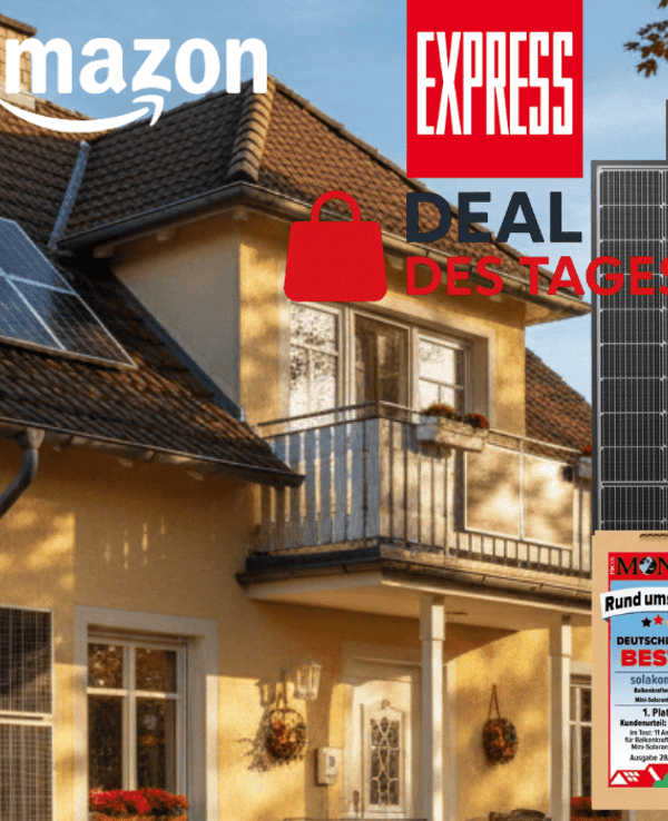 Auf dem Bild sind ein Haus mit Solaranlage, die Solakon-Module, ein Wechselrichter, Kabel sowie Logos von Amazon und EXPRESS zu sehen.