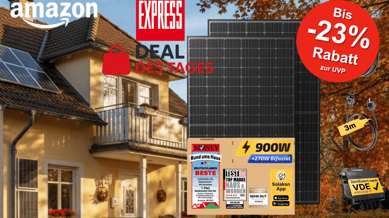 Auf dem Bild sind ein Haus mit Solaranlage, die Solakon-Module, ein Wechselrichter, Kabel sowie Logos von Amazon und EXPRESS zu sehen.