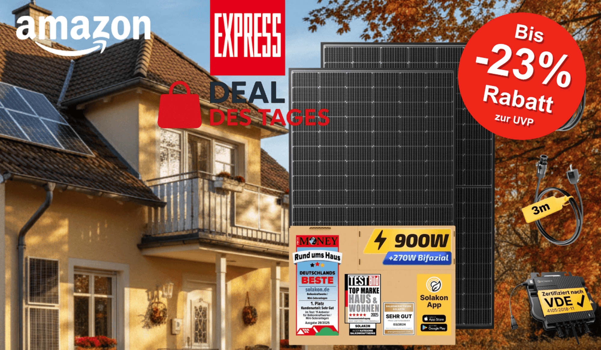 Auf dem Bild sind ein Haus mit Solaranlage, die Solakon-Module, ein Wechselrichter, Kabel sowie Logos von Amazon und EXPRESS zu sehen.