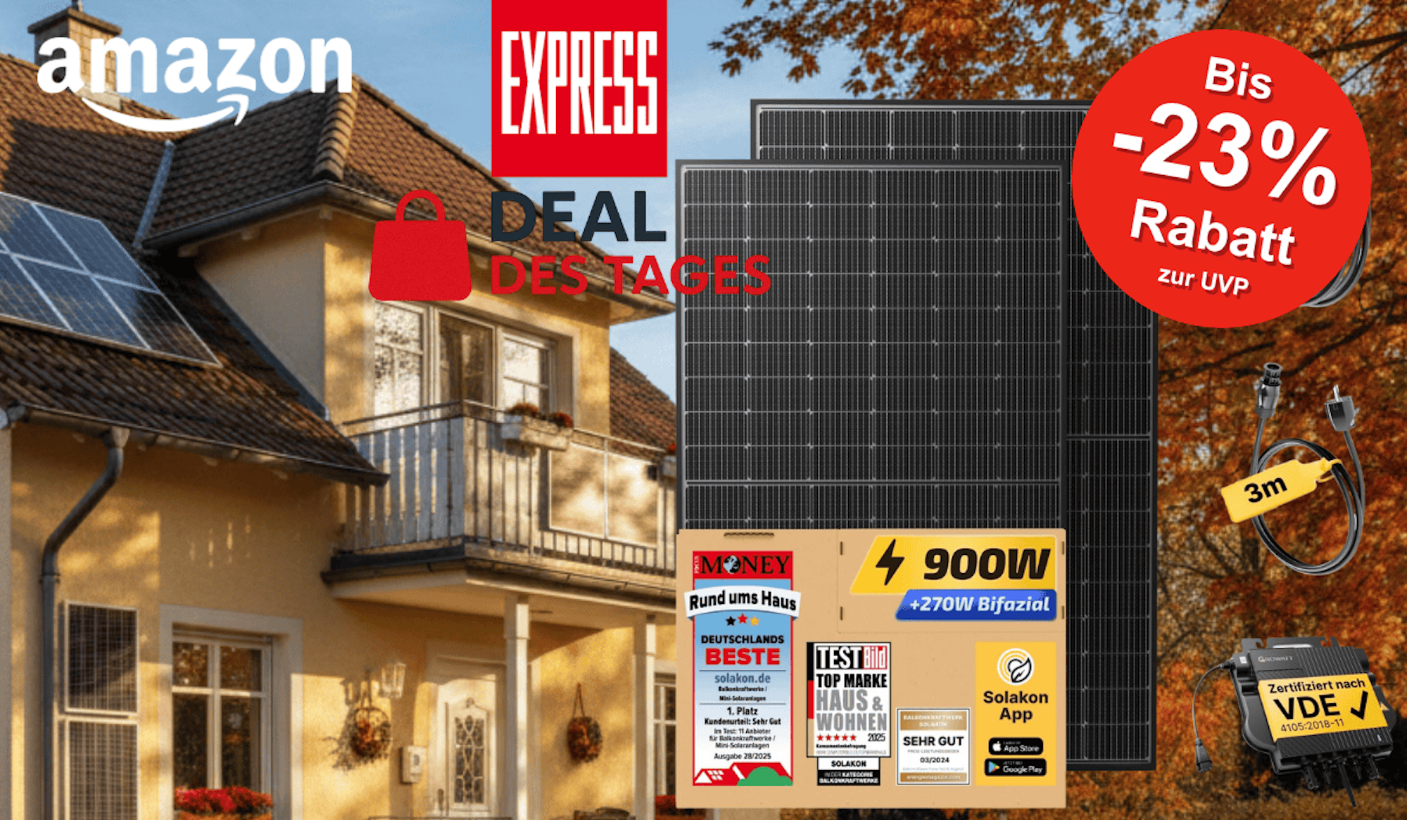 Auf dem Bild sind ein Haus mit Solaranlage, die Solakon-Module, ein Wechselrichter, Kabel sowie Logos von Amazon und EXPRESS zu sehen.