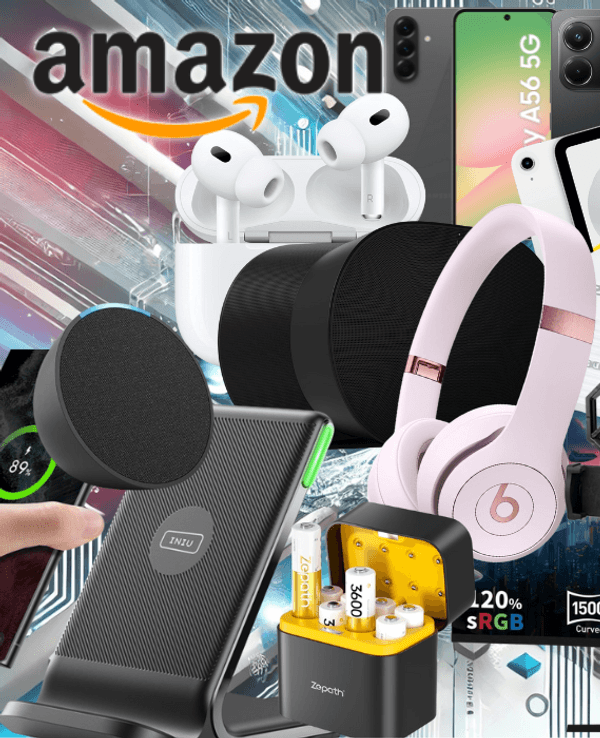 Technik-Angebote wie Smartwatch, Kopfhörer oder Fire TV Stick zum Herbst Sale mit einer Lagerhalle im Hintergrund.