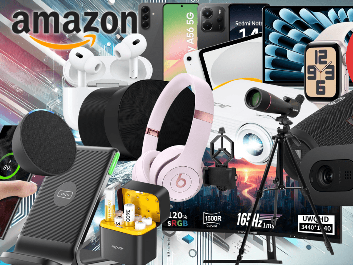 Technik-Angebote wie Smartwatch, Kopfhörer oder Fire TV Stick zum Herbst Sale mit einer Lagerhalle im Hintergrund.