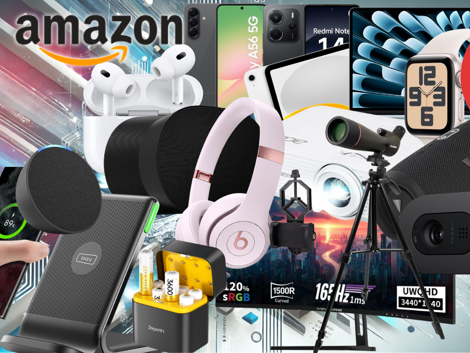 Technik-Angebote wie Smartwatch, Kopfhörer oder Fire TV Stick zum Herbst Sale mit einer Lagerhalle im Hintergrund.