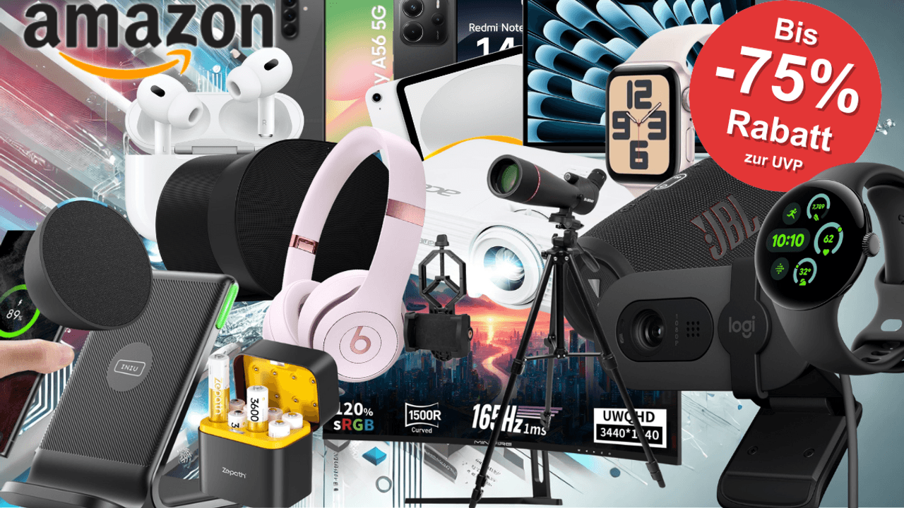 Technik-Angebote wie Smartwatch, Kopfhörer oder Fire TV Stick zum Herbst Sale mit einer Lagerhalle im Hintergrund.