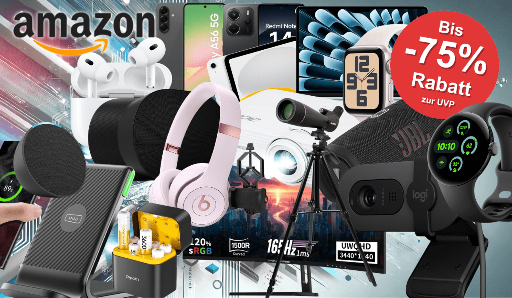 Technik-Angebote wie Smartwatch, Kopfhörer oder Fire TV Stick zum Herbst Sale mit einer Lagerhalle im Hintergrund.