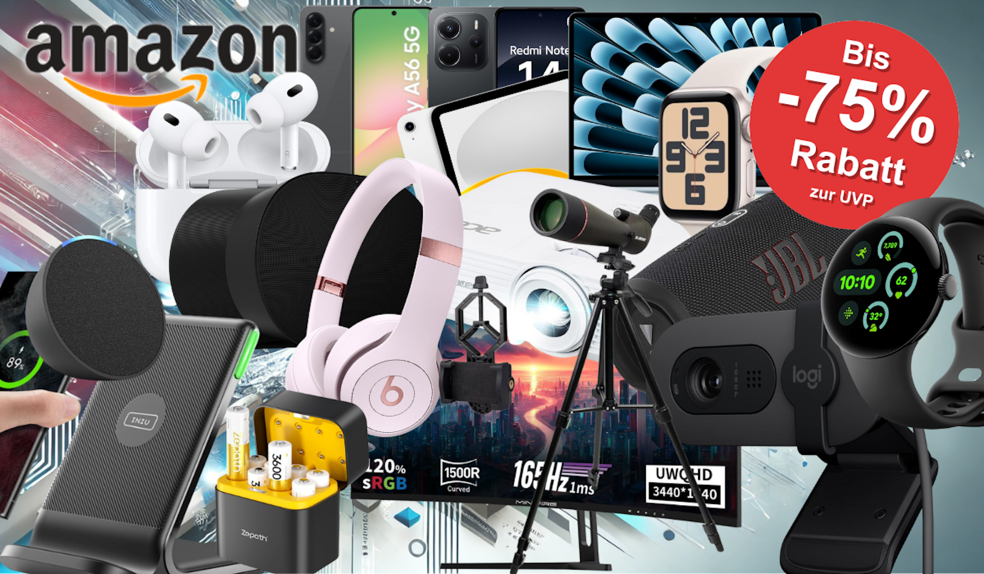 Technik-Angebote wie Smartwatch, Kopfhörer oder Fire TV Stick zum Herbst Sale mit einer Lagerhalle im Hintergrund.