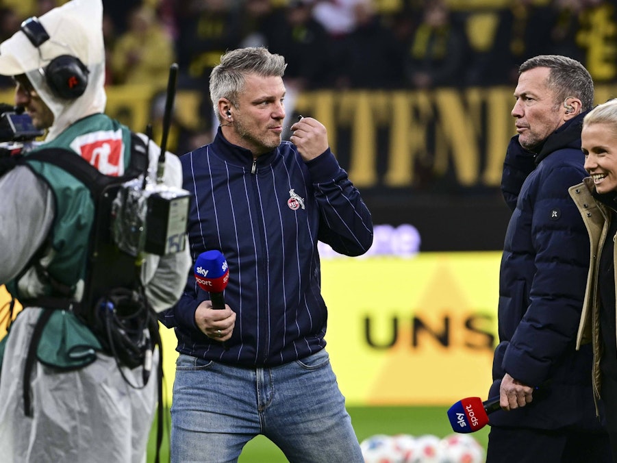 Lothar Matthäus mit Julia Simic und Lukas Kwasniok vor einem Interview.
