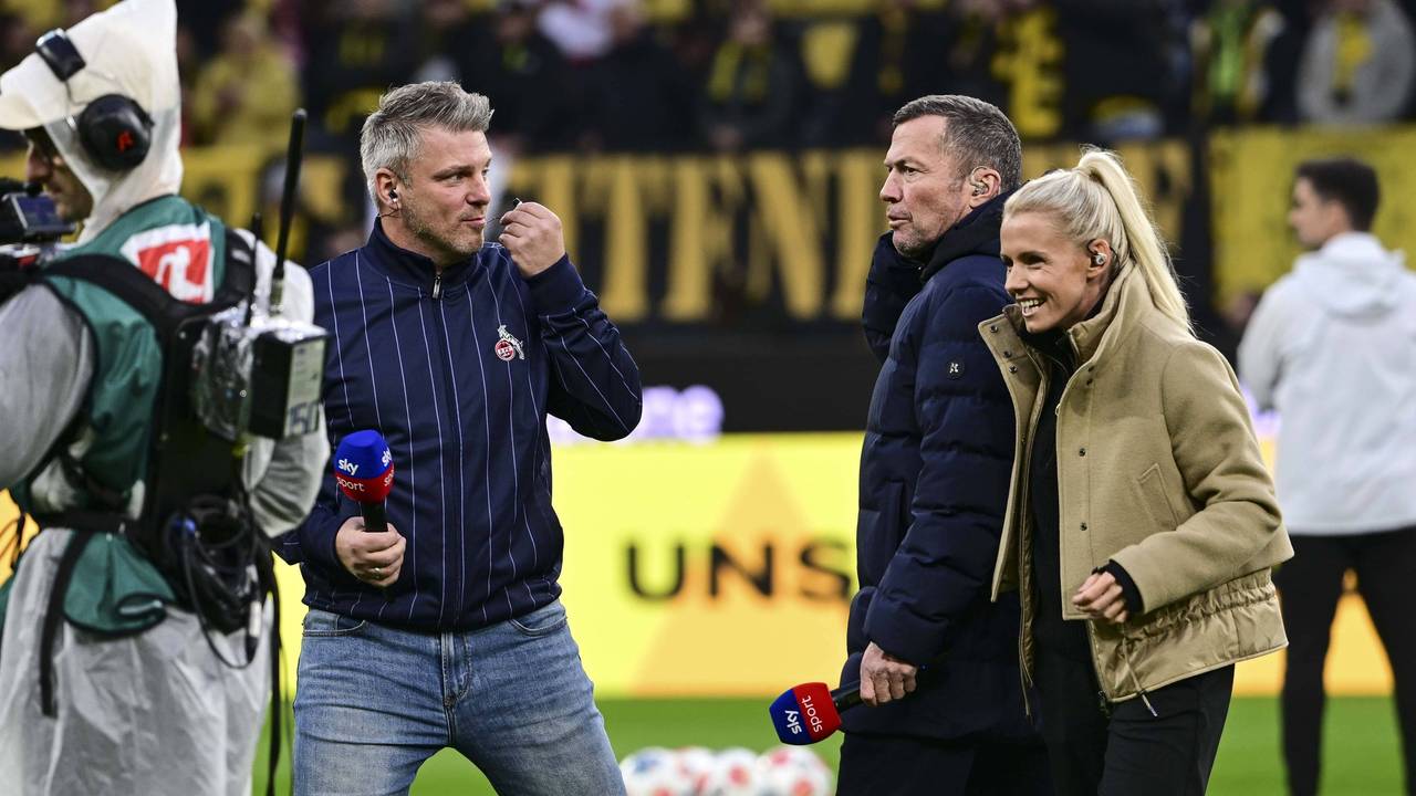 Lukas Kwasniok, Lothar Matthäus und Julia Simic beim Sky-Interview vor dem Spiel des 1. FC Köln bei Borussia Dortmund.