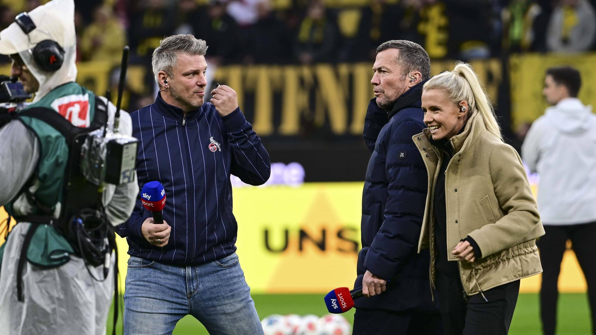 Lukas Kwasniok, Lothar Matthäus und Julia Simic beim Sky-Interview vor dem Spiel des 1. FC Köln bei Borussia Dortmund.