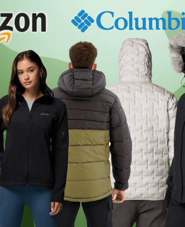 Sechs Models, die verschiedene Winterjacken-Modelle von Columbia in Schwarz, Weiß und Olivgrün präsentieren.