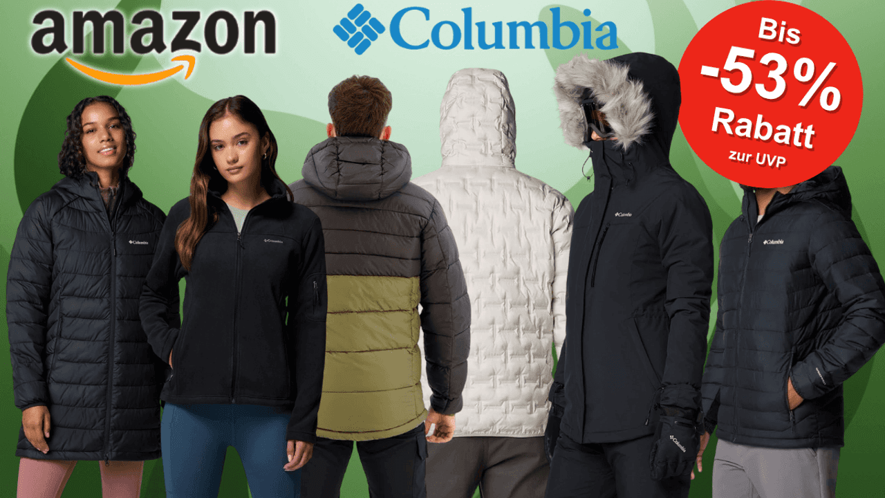 Sechs Models, die verschiedene Winterjacken-Modelle von Columbia in Schwarz, Weiß und Olivgrün präsentieren.