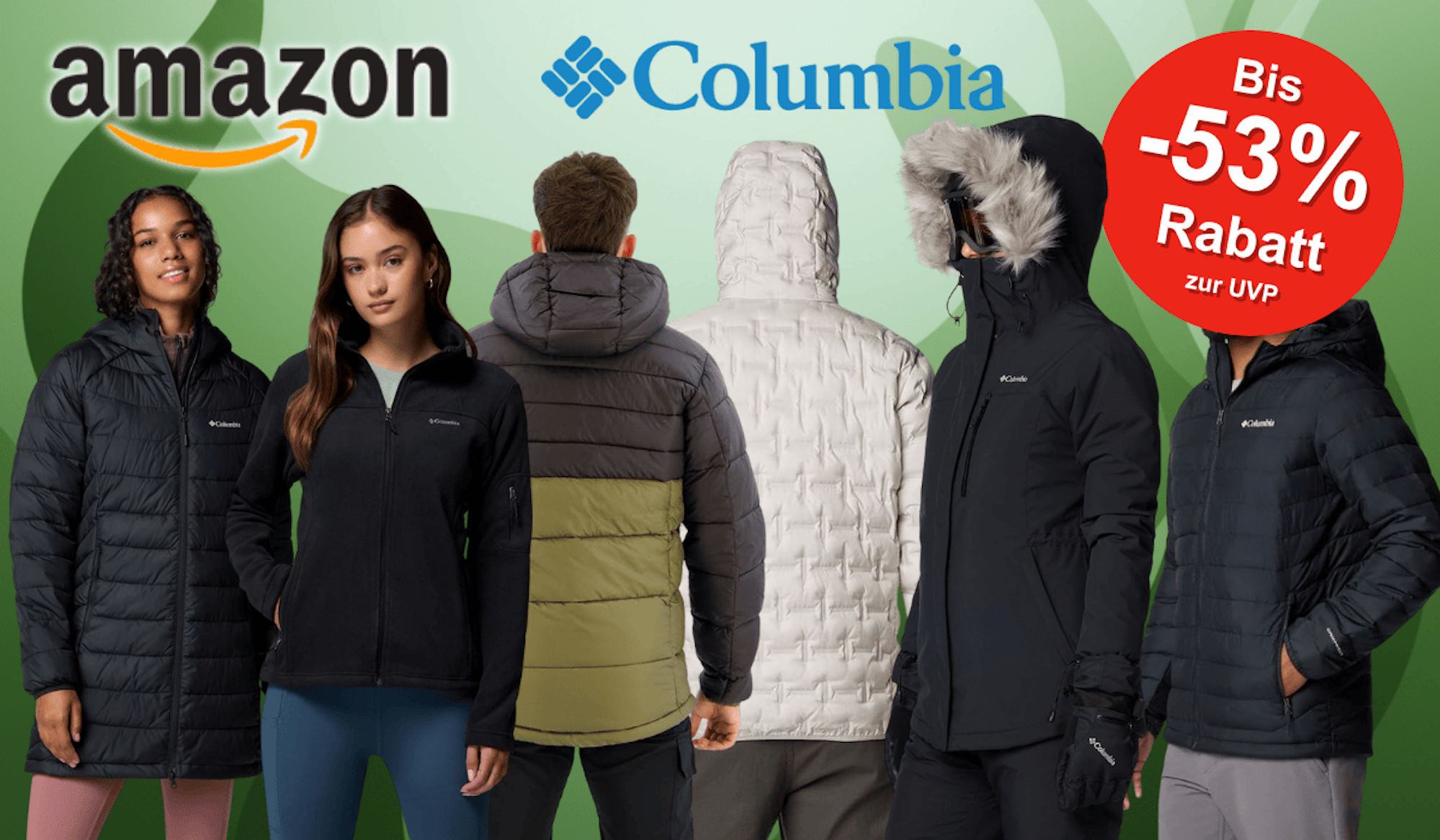 Sechs Models, die verschiedene Winterjacken-Modelle von Columbia in Schwarz, Weiß und Olivgrün präsentieren.