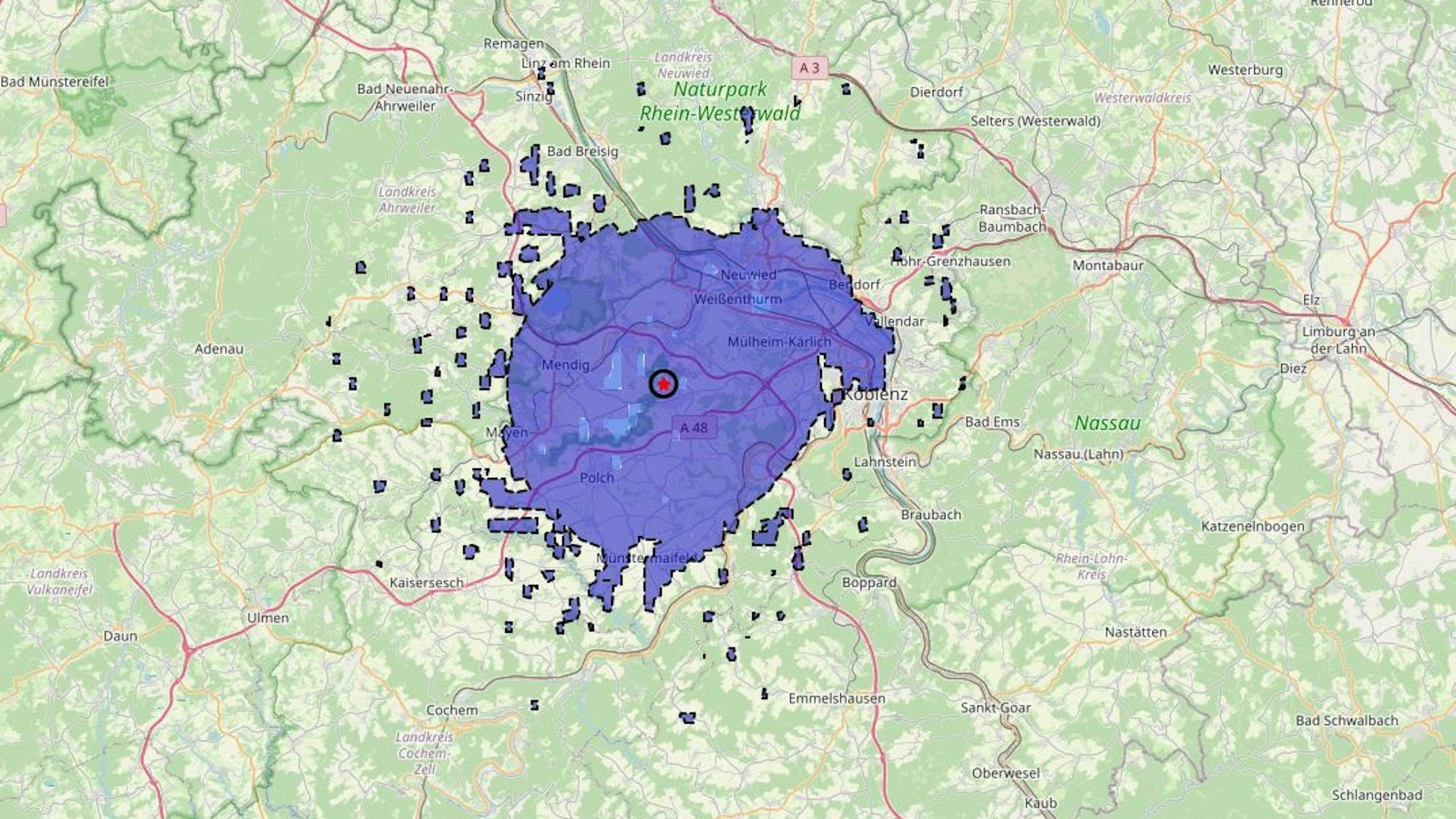 In der Osteifel bebte die Erde. Die Grafik zeigt das Epizentrum.