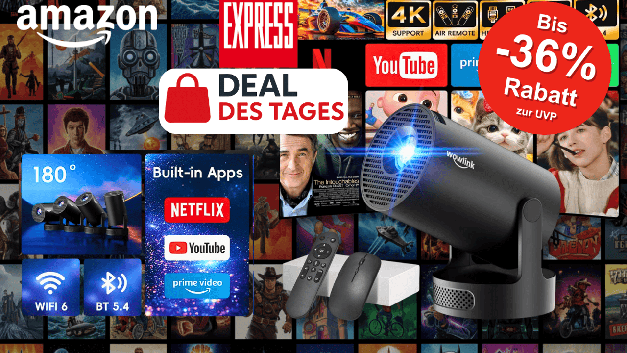 Ein schwarzer wowlink Mini Beamer, daneben Fernbedienung, Zubehör und Hinweise auf Funktionen wie WiFi 6, Bluetooth 5.4, 180° Drehung und integrierte Streaming-Apps. Im Hintergrund sind zahlreiche Film- und Serienmotive