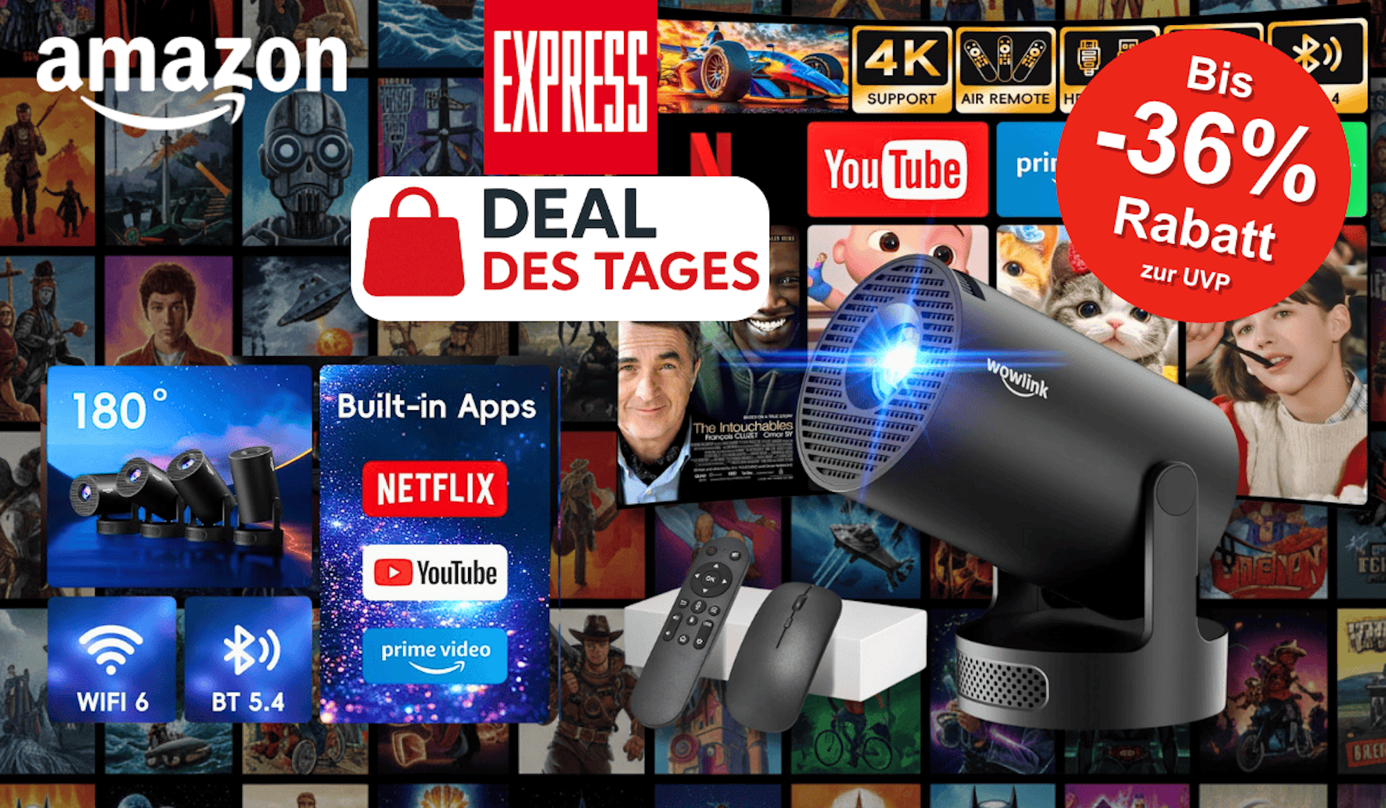 Ein schwarzer wowlink Mini Beamer, daneben Fernbedienung, Zubehör und Hinweise auf Funktionen wie WiFi 6, Bluetooth 5.4, 180° Drehung und integrierte Streaming-Apps. Im Hintergrund sind zahlreiche Film- und Serienmotive