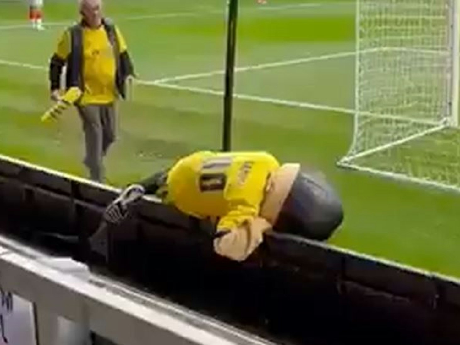 Maskottchen Sammy the Saint fällt über die Werbebande.