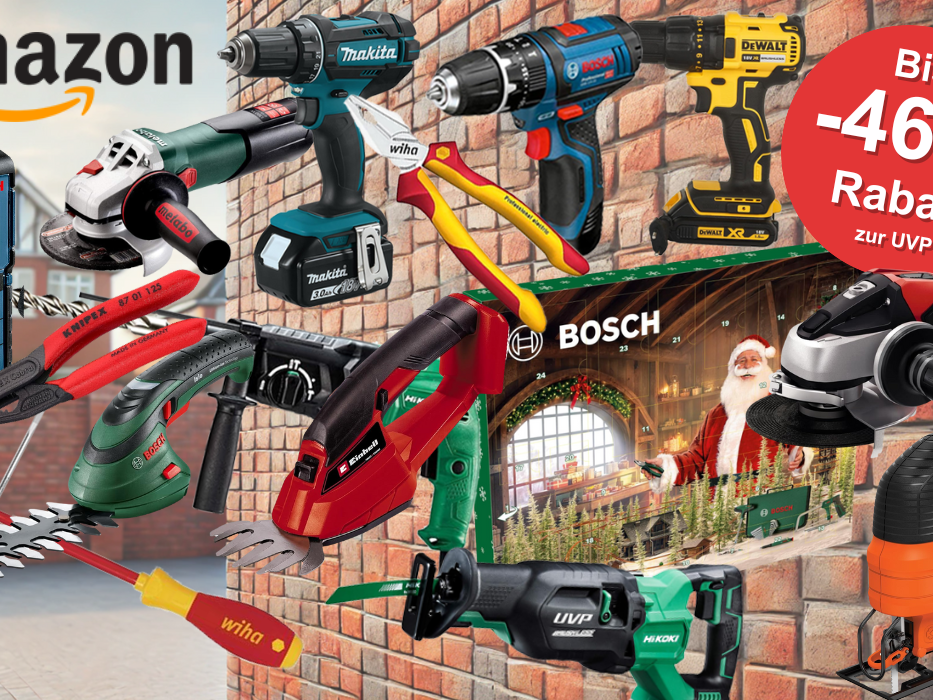 Werkzeug und Gartengeräte vor einer roten Backsteinmauer in einer Wohnsiedlung mit Häusern. Baumarkt Angebote im Amazon Sale von vielen Marken wie Bosch, Einhell, Makita, Metabo, DeWalt und mehr.