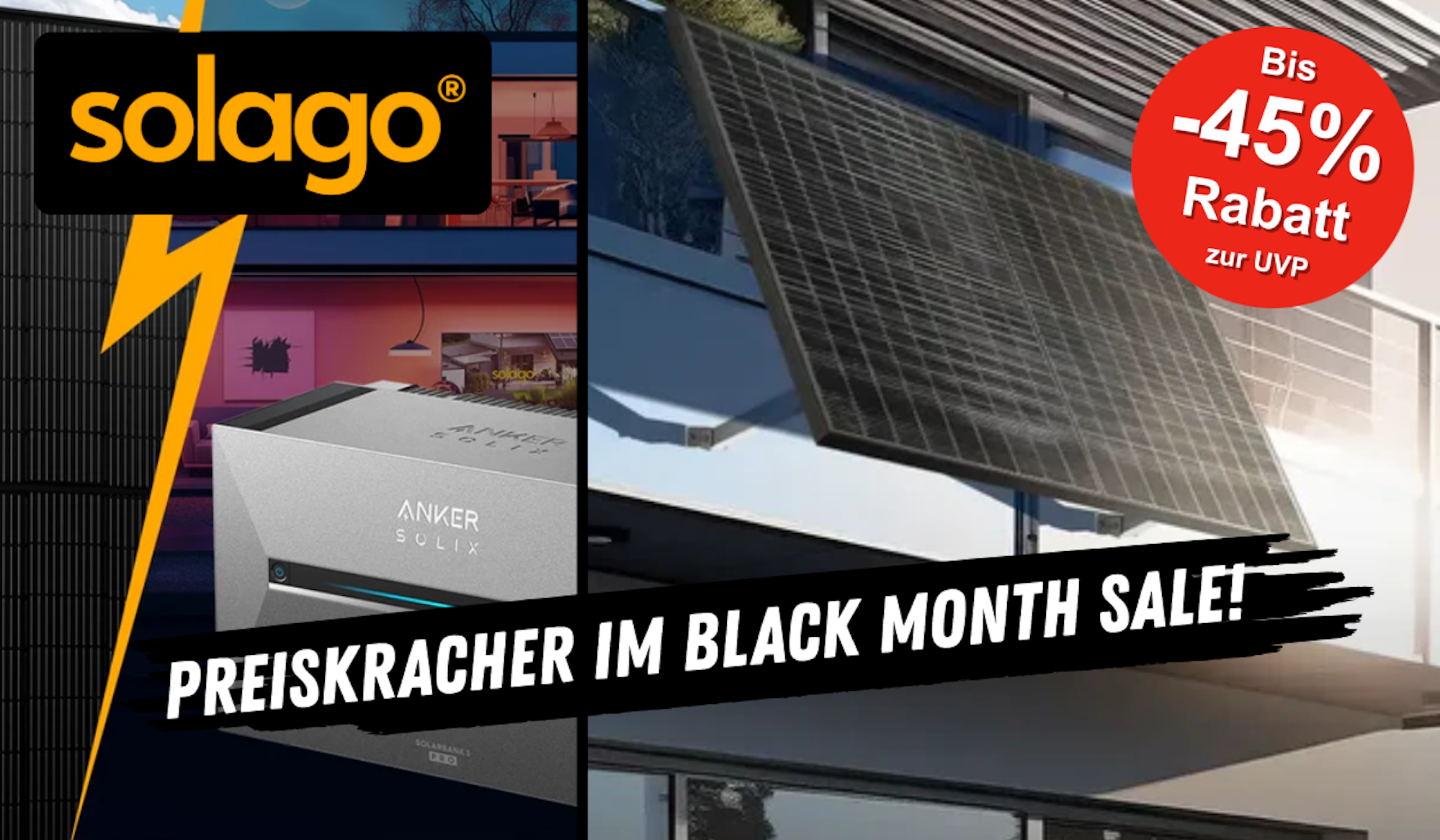 Ein Solago Balkonkraftwerk an einem Balkon und der Anker Solix Speicher.