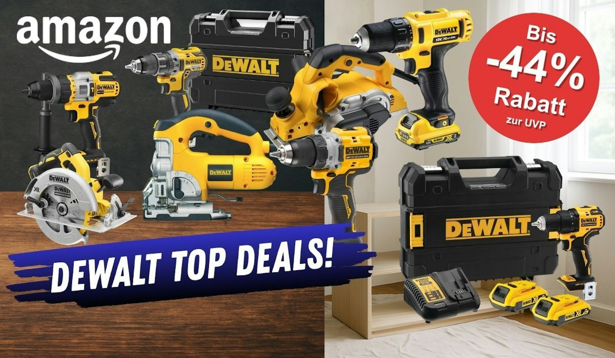 DeWalt Akku-Bohrschrauber, Kreissäge, Stichsäge, Elektrohobel und weiteres Werkzeug vor einer Holz- und Betonwand sowie in einem unmöblierten Wohnzimmer.