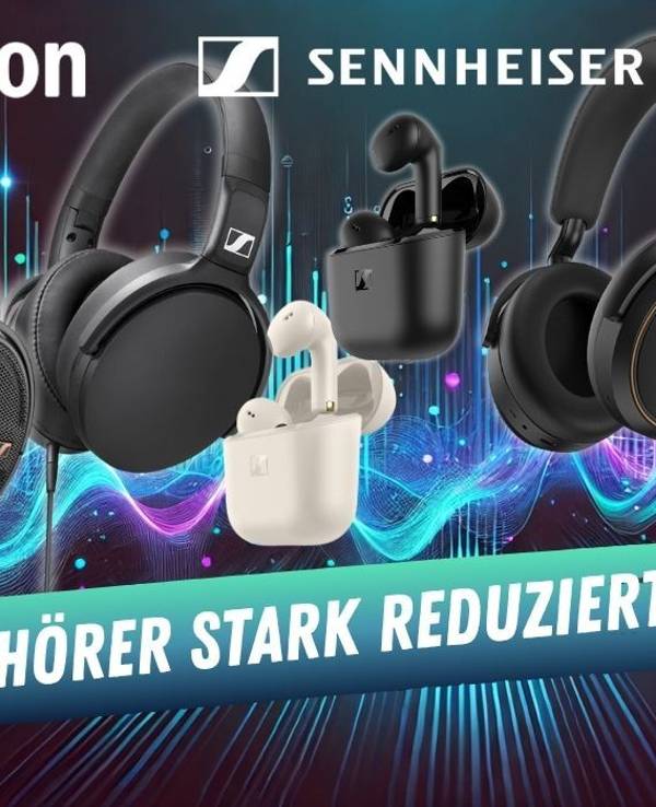 Sennheiser Kopfhörer Over Ear und In Ear Kopfhörer Bluetooth und kabelgebunden vor einem Audio-Wellen Hintergrund in verschiedenen Farben.
