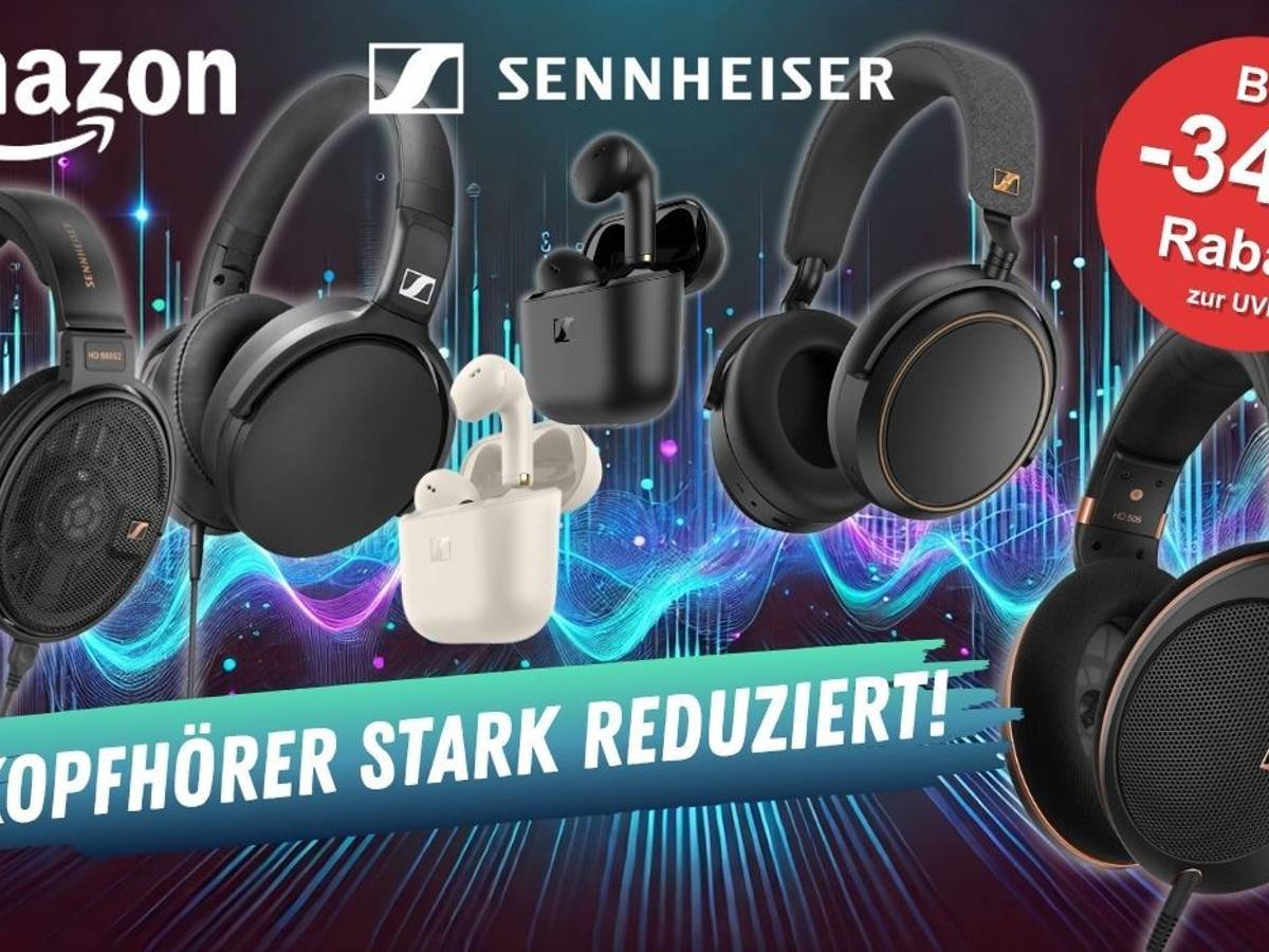 Sennheiser Kopfhörer Over Ear und In Ear Kopfhörer Bluetooth und kabelgebunden vor einem Audio-Wellen Hintergrund in verschiedenen Farben.