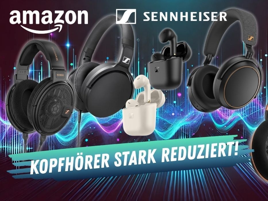 Sennheiser Kopfhörer Over Ear und In Ear Kopfhörer Bluetooth und kabelgebunden vor einem Audio-Wellen Hintergrund in verschiedenen Farben.
