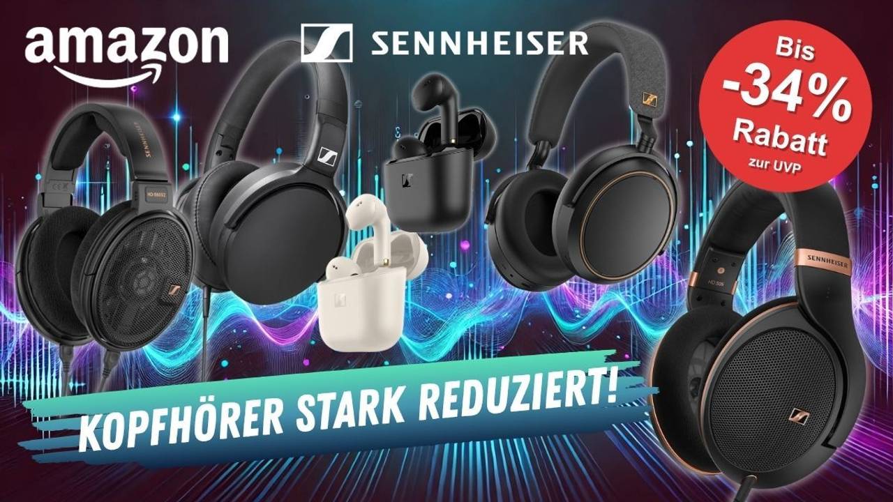 Sennheiser Kopfhörer Over Ear und In Ear Kopfhörer Bluetooth und kabelgebunden vor einem Audio-Wellen Hintergrund in verschiedenen Farben.