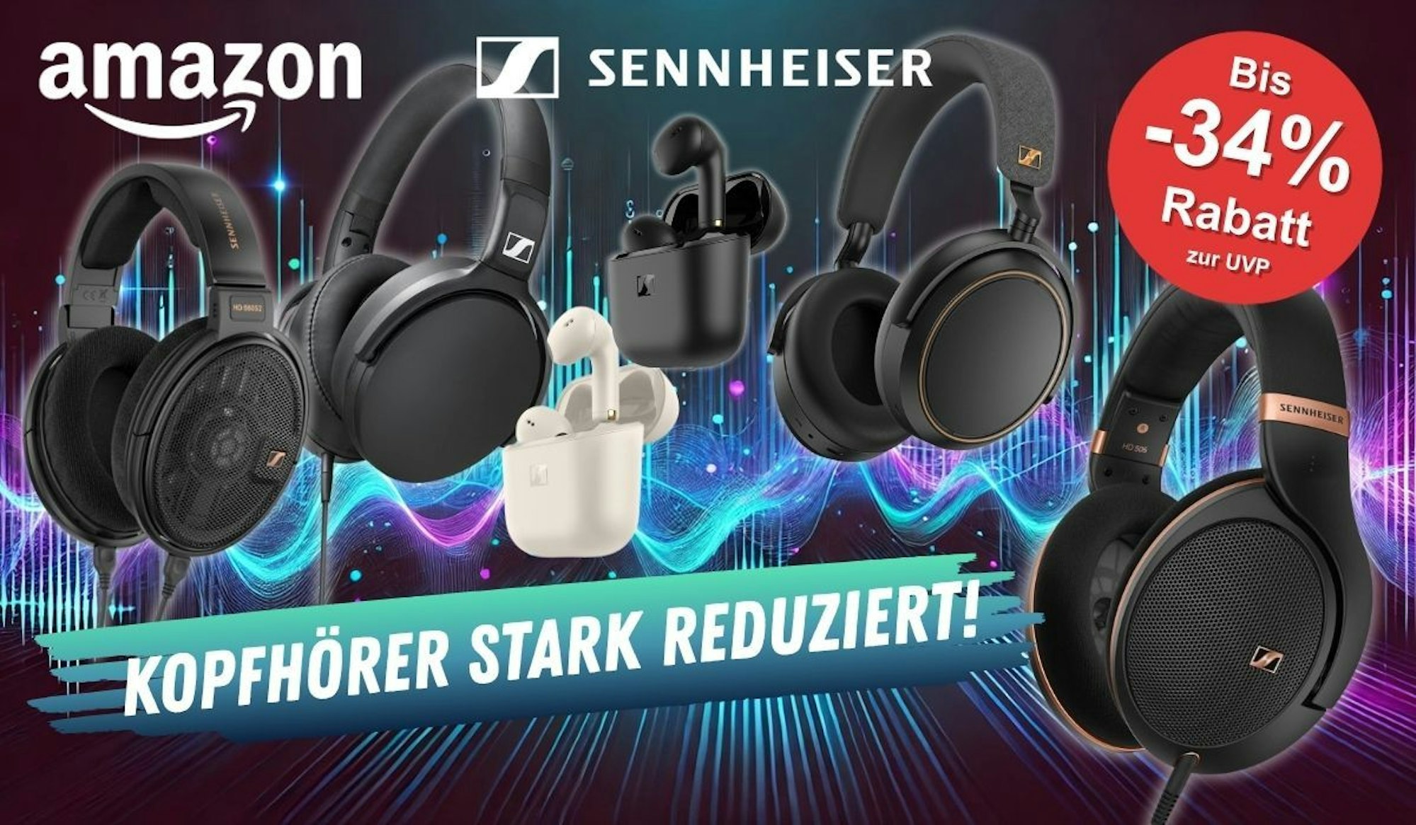 Sennheiser Kopfhörer Over Ear und In Ear Kopfhörer Bluetooth und kabelgebunden vor einem Audio-Wellen Hintergrund in verschiedenen Farben.