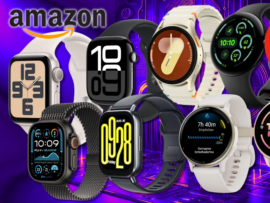 Smartwatch Bestseller Modelle von Apple, Samsung, Garmin, Xiaomi vor einem Hintergrund mit technischen Schaltkreisen und Platinen.