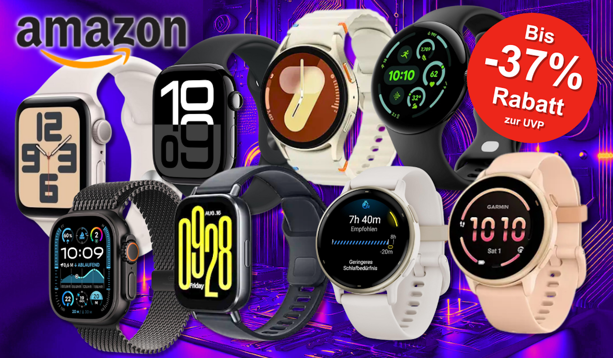 Smartwatch Bestseller Modelle von Apple, Samsung, Garmin, Xiaomi vor einem Hintergrund mit technischen Schaltkreisen und Platinen.