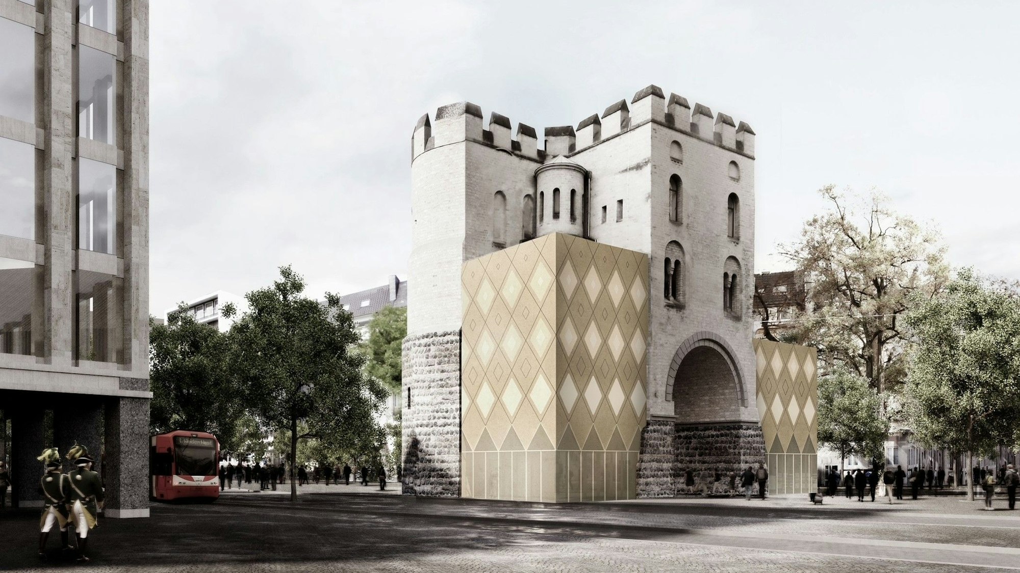 Eine Visualisierung zeigt, wie der moderne Anbau an der historischen Hahnentorburg aussehen soll.